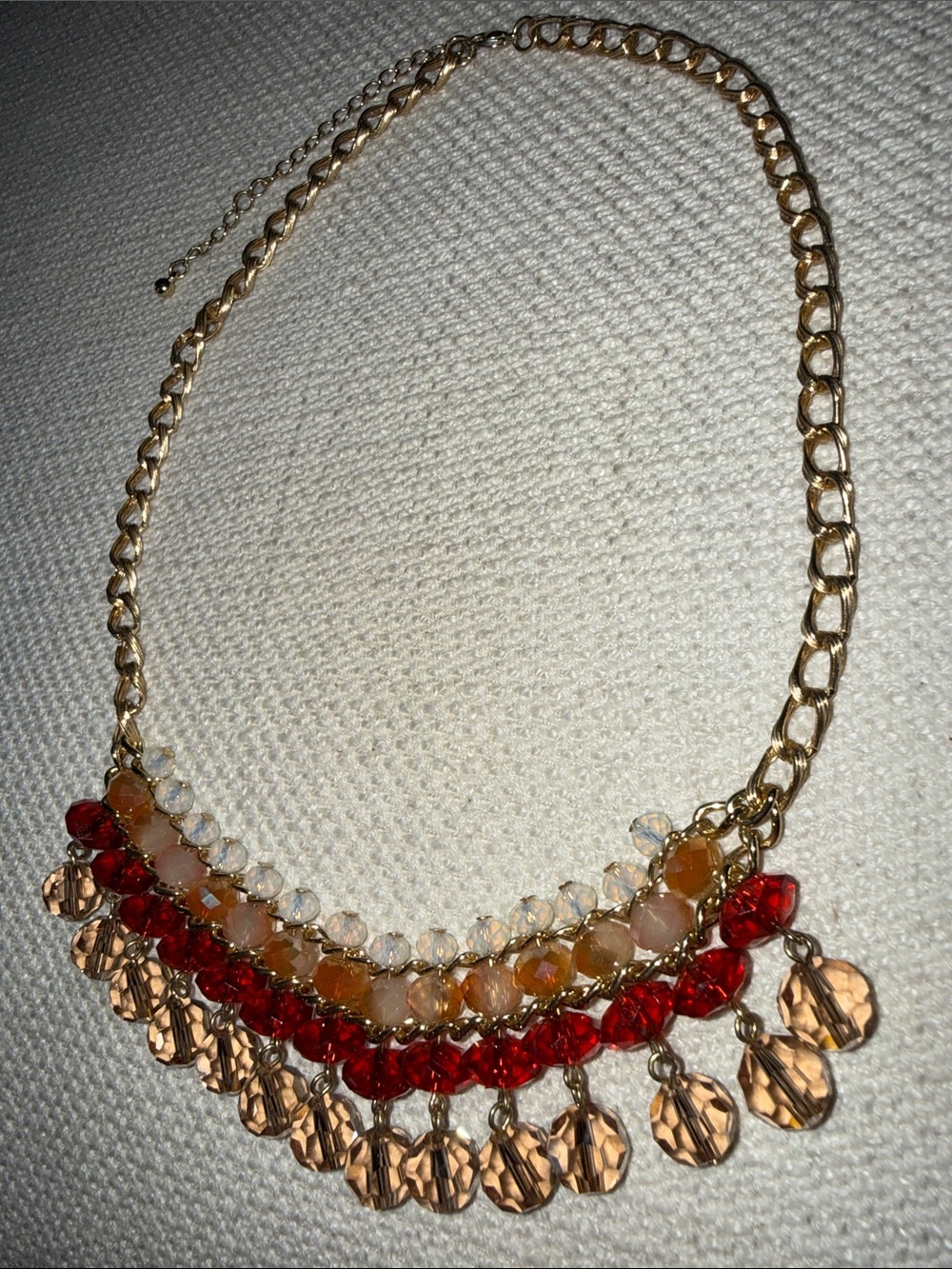 Gold Necklace with Sparkling Red Pink White Beads
